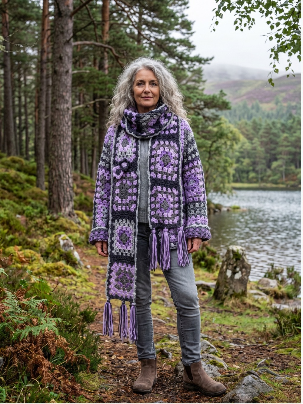 Crochet Gray and Violet Granny Square Sweater with Scarf L/Xl